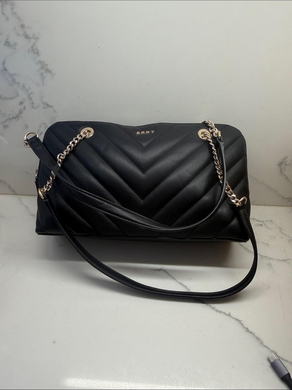 DKNY Black Quilted Chevron Shoulder Bag with Gold Chain Accents